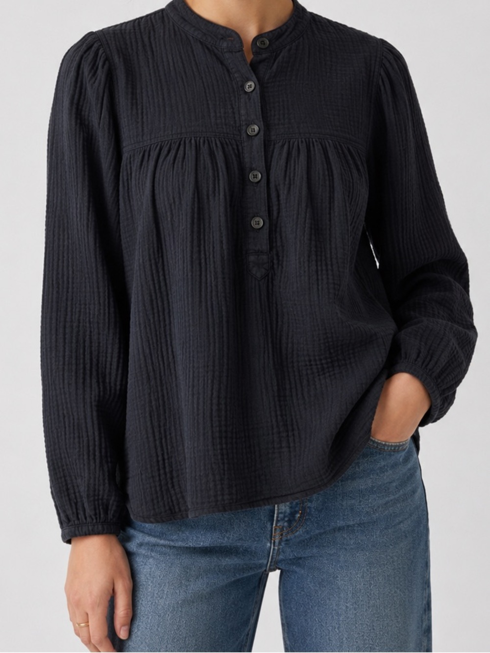 J. Crew Women’s Gauze Popover Shirt XS Black Textured Long Sleeve Cotton Top